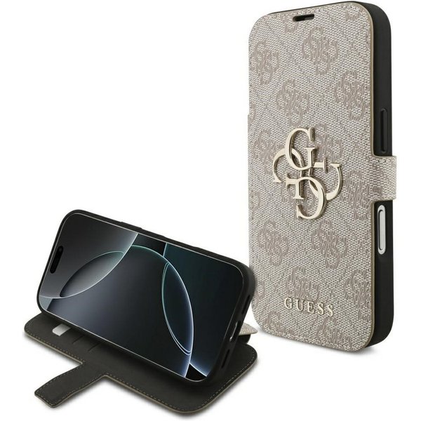 Guess Handyhülle Bookcase iPhone 17 Pro rosa Logo goldfarben aufstellbar 6,3 Zoll, Kantenschutz