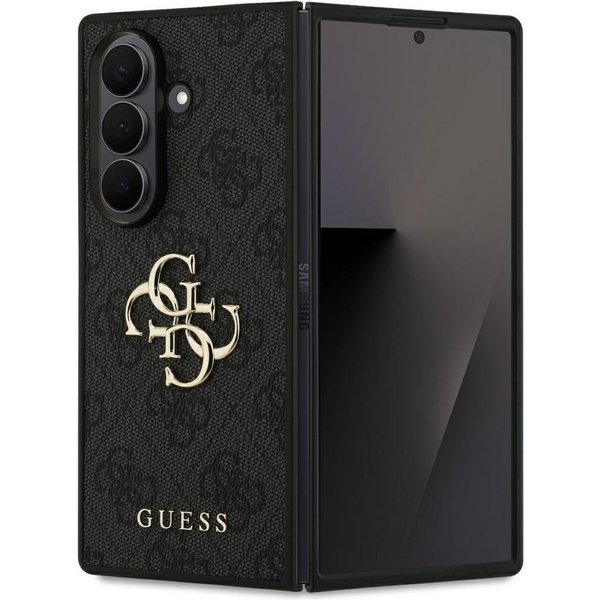 Guess Handyhülle Case Galaxy Z Fold 7 Kunstleder grau Logo Metal goldfarbig 8,0 Zoll, Kantenschutz