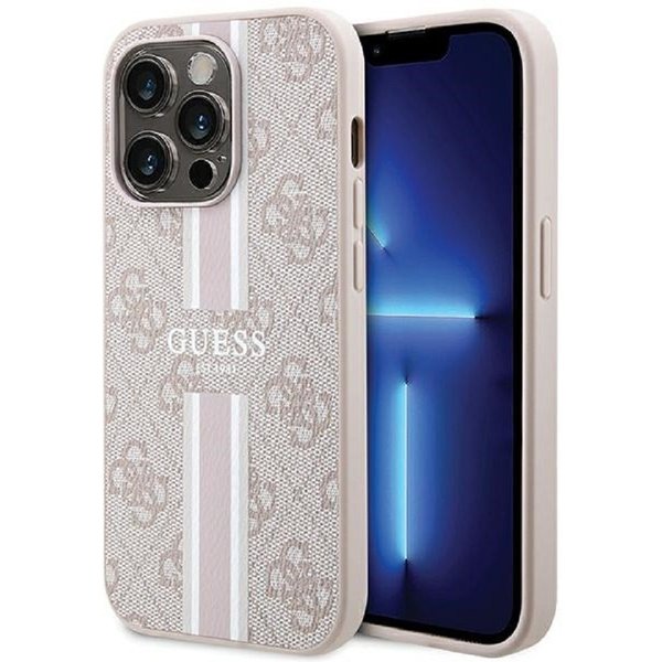 Guess Handyhülle Case iPhone 15 Pro Kunstleder rosa MagSafe kompatibel 6,1 Zoll, Kantenschutz