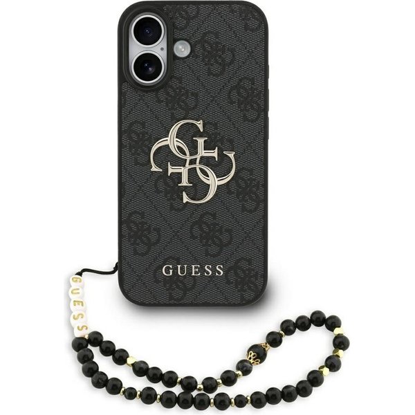 Guess Handyhülle Case iPhone 17 Kunstleder grau Big Logo goldfarbig Kette 6,3 Zoll, Kantenschutz