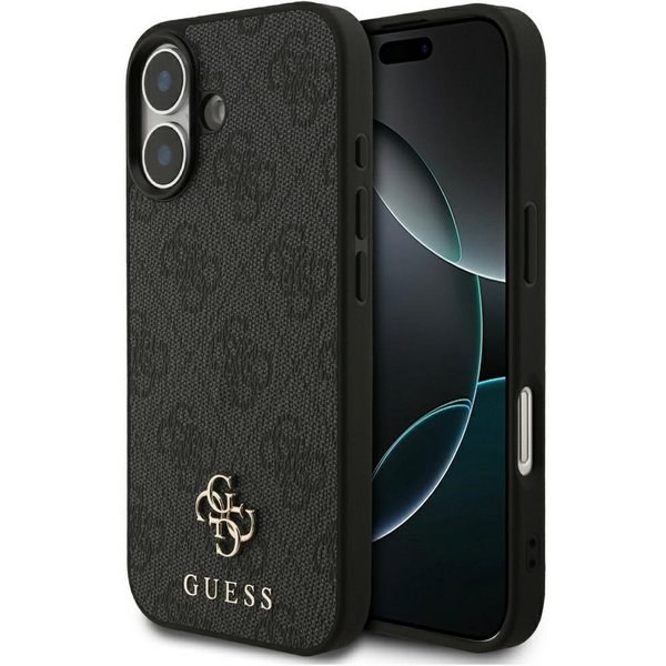 Guess Handyhülle Case iPhone 17 MagSafe Kunstleder grau Logo goldfarben 6,3 Zoll, Kantenschutz