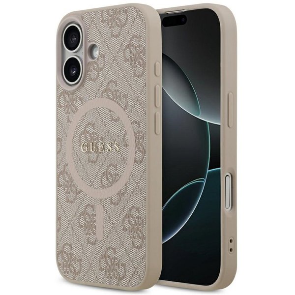 Guess Handyhülle Case iPhone 17 MagSafe Kunstleder rosa Logo goldfarben 6,3 Zoll, Kantenschutz