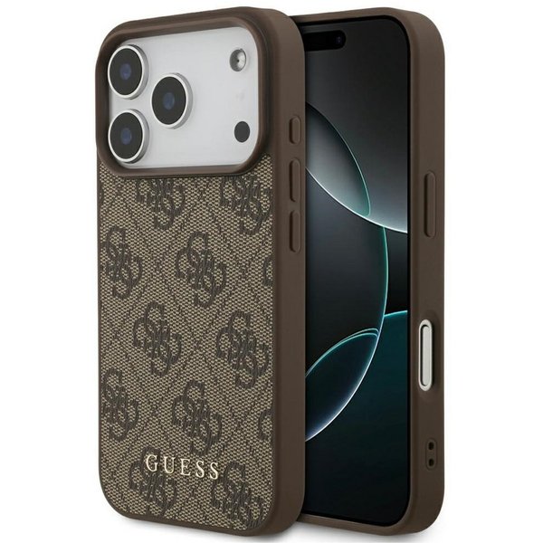 Guess Handyhülle Case iPhone 17 Pro Classic Kunstleder braun Logo goldfarbig 6,3 Zoll, Kantenschutz