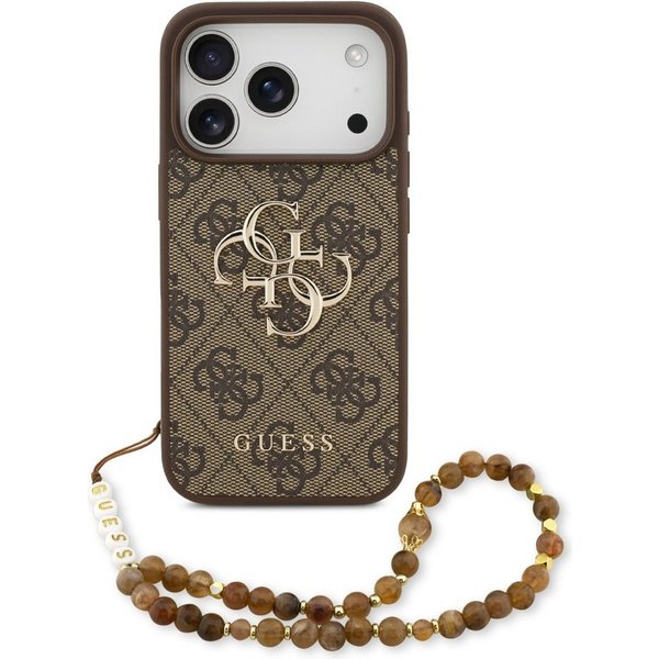 Guess Handyhülle Case iPhone 17 Pro Kunstleder braun Big Logo goldfarbig Kette 6,3 Zoll, Kantenschutz