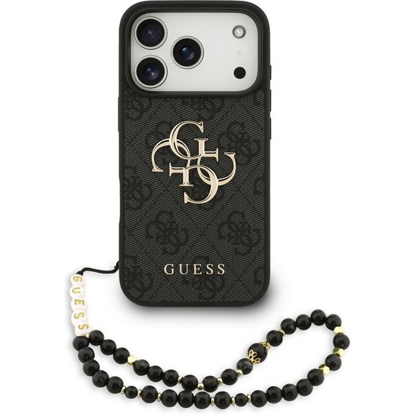 Guess Handyhülle Case iPhone 17 Pro Kunstleder grau Big Logo goldfarbig Kette 6,3 Zoll, Kantenschutz