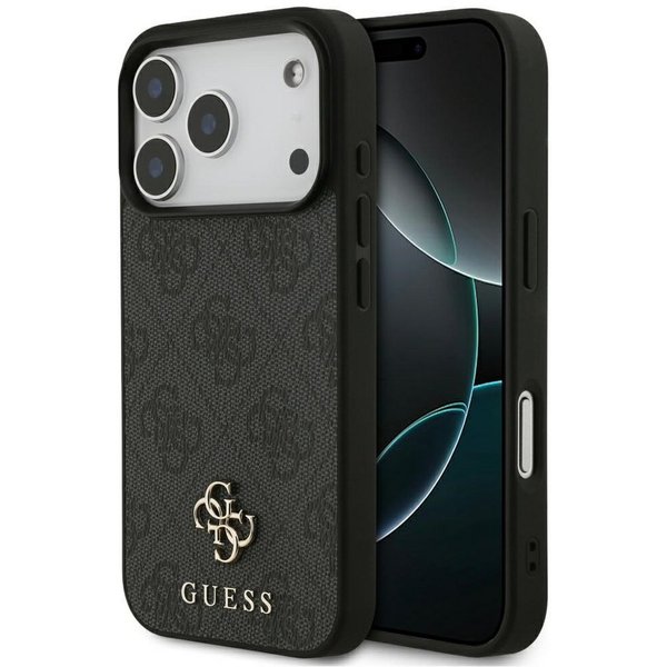 Guess Handyhülle Case iPhone 17 Pro MagSafe Kunstleder grau Logo goldfarben 6,3 Zoll, Kantenschutz