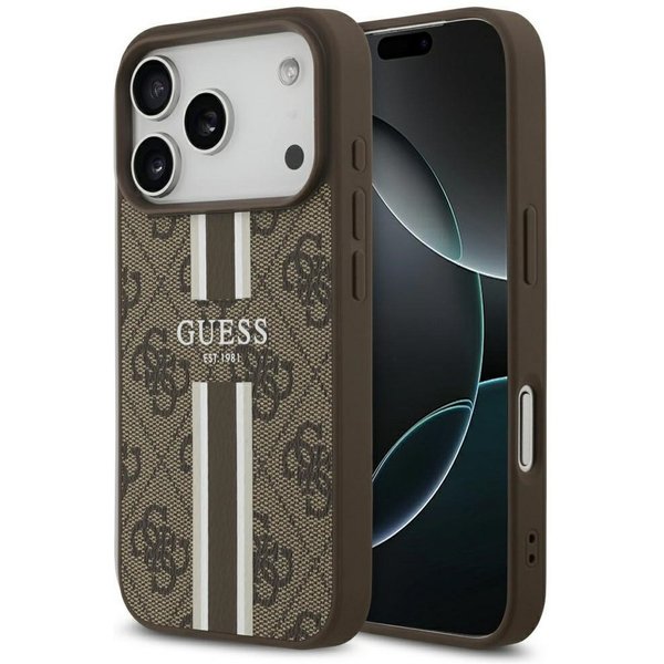 Guess Handyhülle Case iPhone 17 Pro MagSafe Kunstleder braun Logo Streifen 6,3 Zoll, Kantenschutz