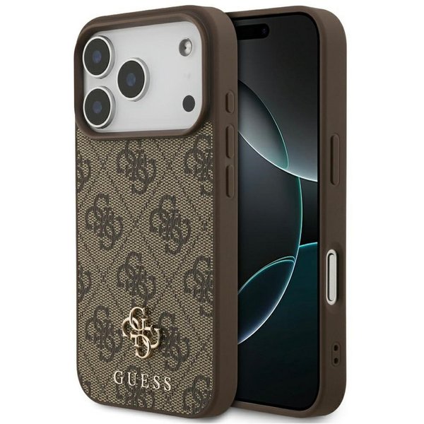 Guess Handyhülle Case iPhone 17 Pro MagSafe Kunstleder braun Logo goldfarben 6,3 Zoll, Kantenschutz