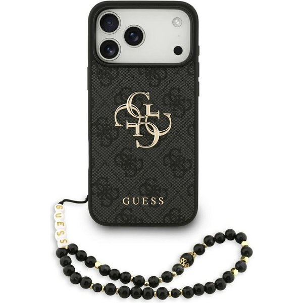 Guess Handyhülle Case iPhone 17 Pro Max Kunstleder grau Big Logo goldfarbig Kette 6,9 Zoll, Kantenschutz