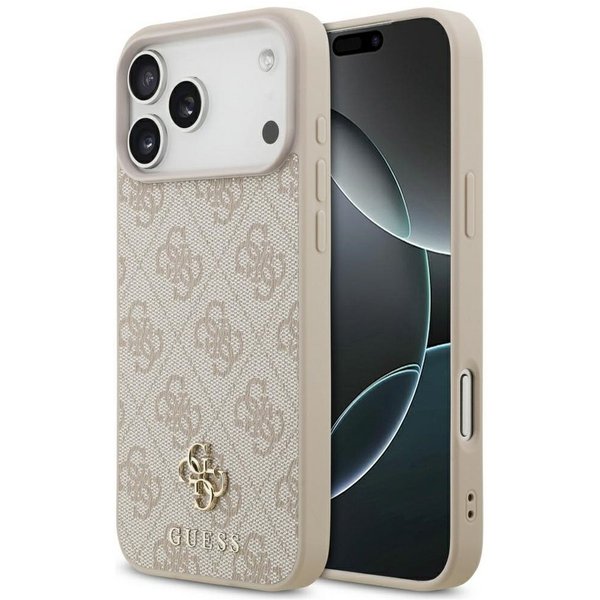 Guess Handyhülle Case iPhone 17 Pro Max MagSafe Kunstleder rosa Logo goldfarben 6,9 Zoll, Kantenschutz