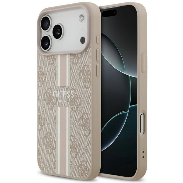 Guess Handyhülle Case iPhone 17 Pro Max MagSafe Kunstleder rosa Logo Streifen 6,9 Zoll, Kantenschutz