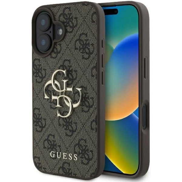 Guess Handyhülle iPhone 16 Kunstleder braun Big Logo goldfarbig 6,1 Zoll, Kantenschutz