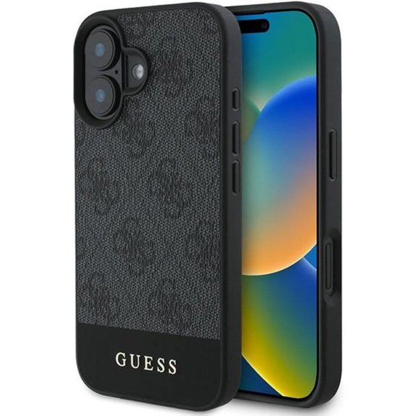 Guess Handyhülle iPhone 16 Kunstleder Muster grau Logo Schrift goldfarbig 6,1 Zoll, Kantenschutz
