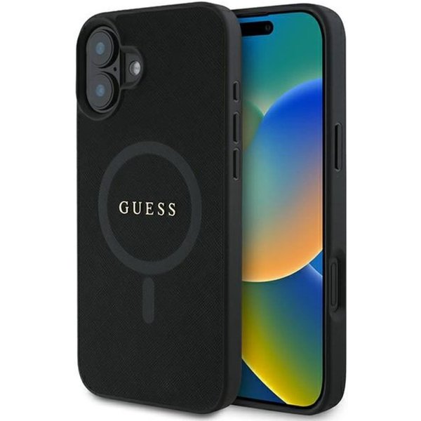 Guess Handyhülle iPhone 16 Plus schwarz glitzernde Optik Logo goldfarbig MagSafe 6,7 Zoll, Kantenschutz