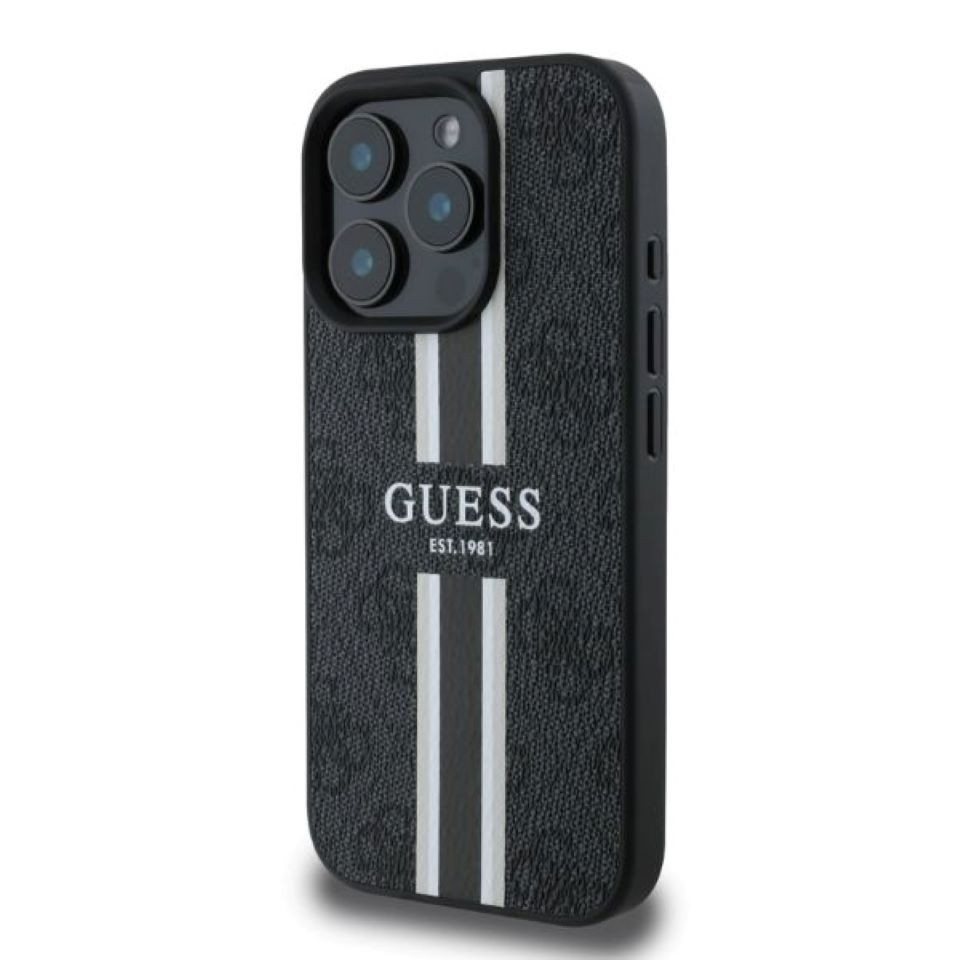 Guess Handyhülle iPhone 16 Pro Kunstleder grau mit Logo Muster Streifen MagSafe 6,3 Zoll, Kantenschutz – Bild 2 von 5
