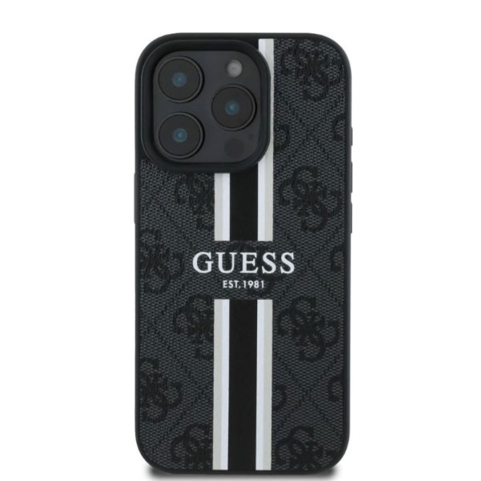 Guess Handyhülle iPhone 16 Pro Kunstleder grau mit Logo Muster Streifen MagSafe 6,3 Zoll, Kantenschutz – Bild 3 von 5