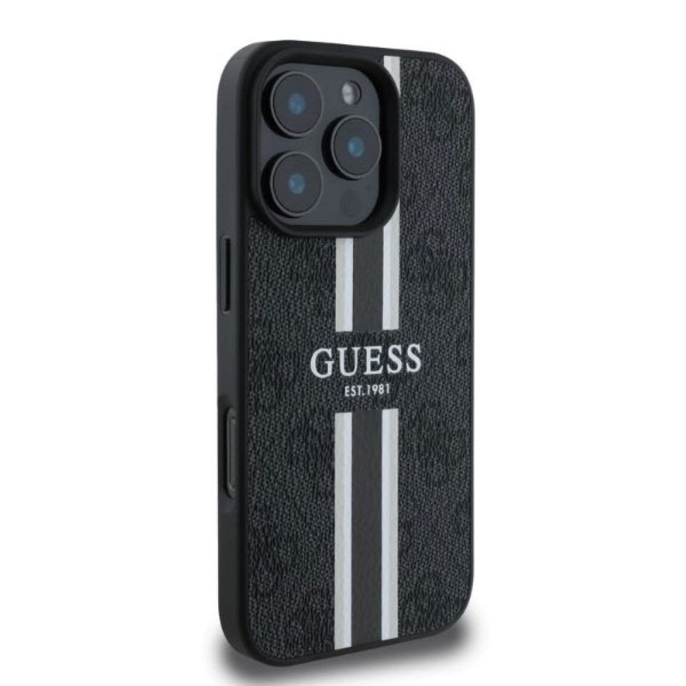 Guess Handyhülle iPhone 16 Pro Kunstleder grau mit Logo Muster Streifen MagSafe 6,3 Zoll, Kantenschutz – Bild 4 von 5