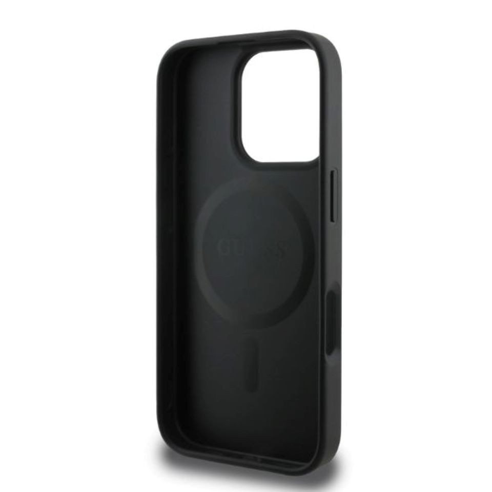 Guess Handyhülle iPhone 16 Pro Kunstleder grau mit Logo Muster Streifen MagSafe 6,3 Zoll, Kantenschutz – Bild 5 von 5