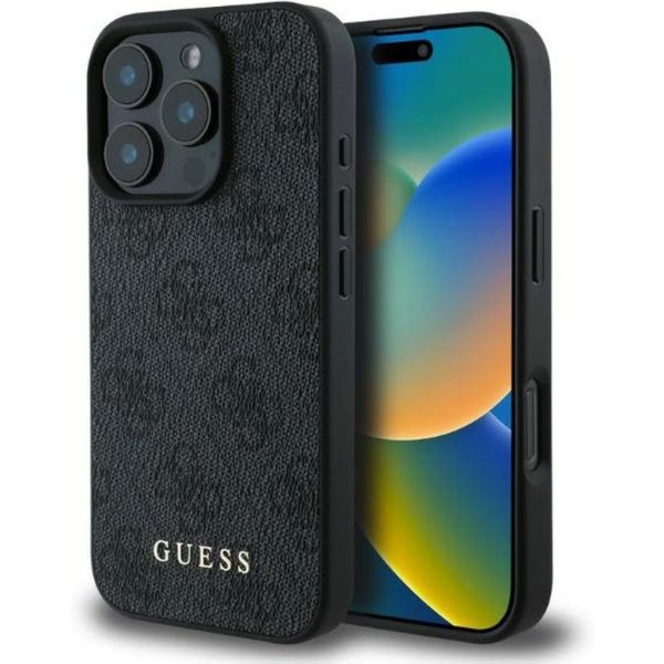 Guess Handyhülle iPhone 16 Pro Max Kunstleder grau Muster Logo goldfarbig 6,9 Zoll, Kantenschutz