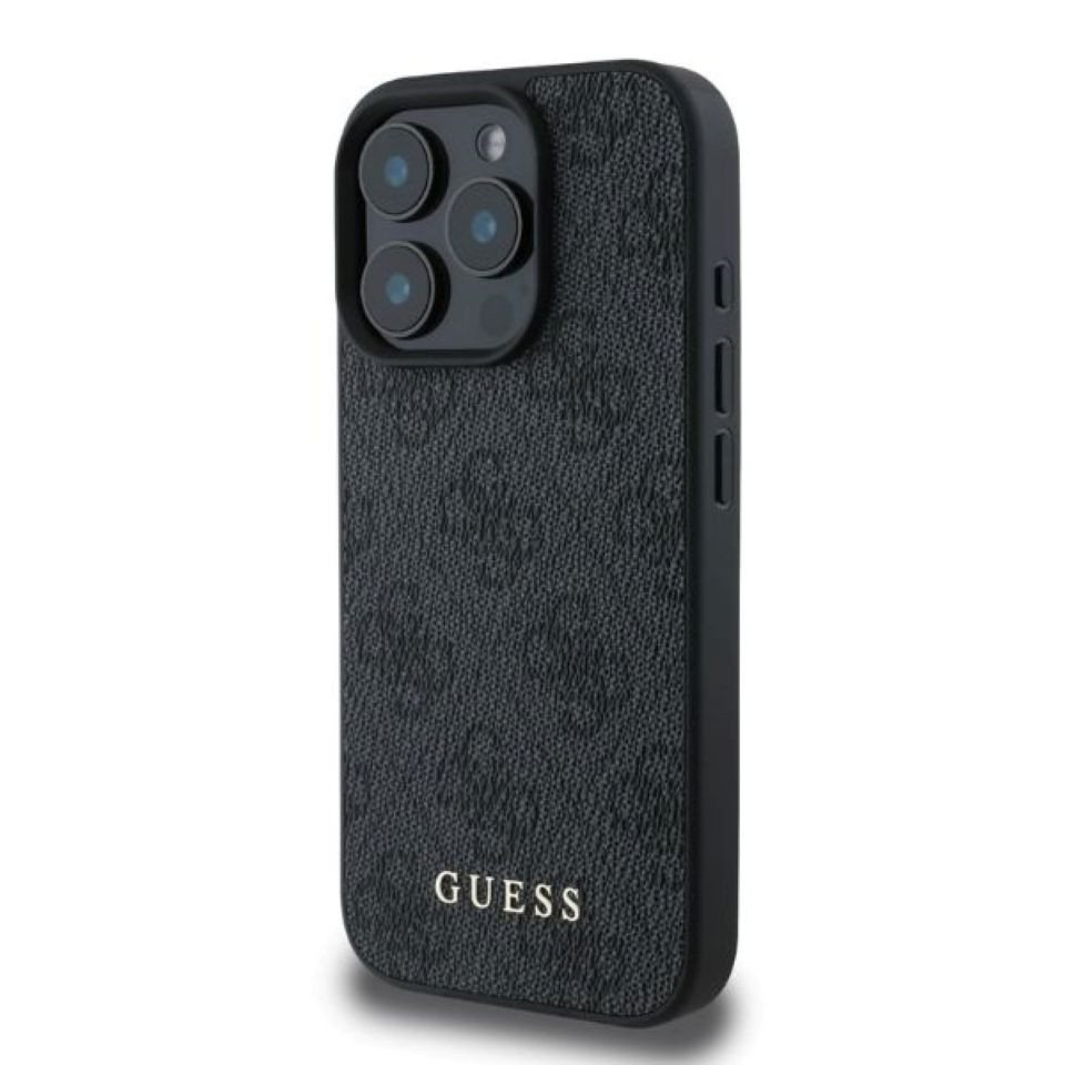Guess Handyhülle iPhone 16 Pro Max Kunstleder grau Muster Logo goldfarbig 6,9 Zoll, Kantenschutz – Bild 2 von 3