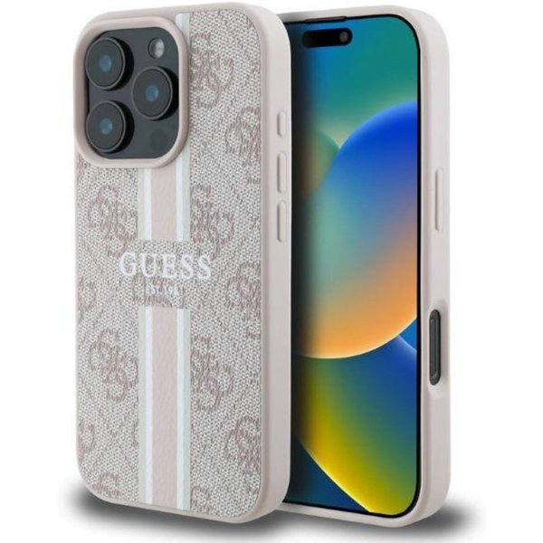 Guess Handyhülle iPhone 16 Pro Max Kunstleder rosa Logo MagSafe kompatibel 6,9 Zoll, Kantenschutz