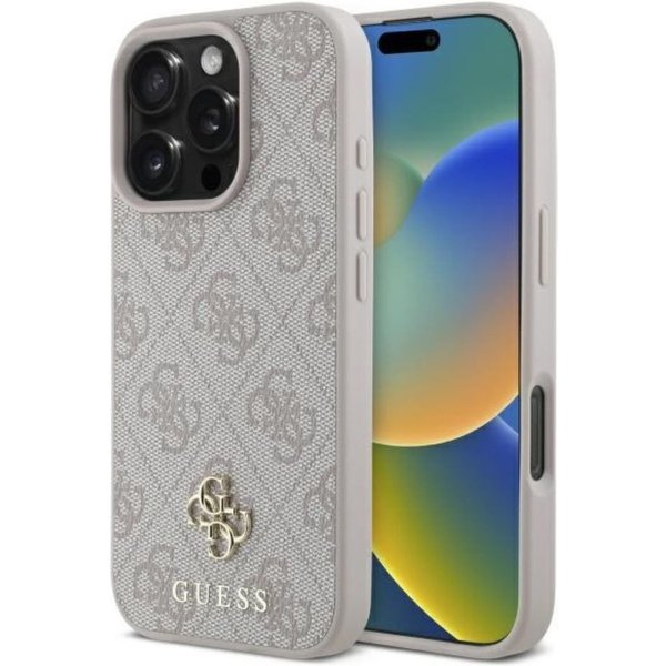 Guess Handyhülle iPhone 16 Pro Max Kunstleder rosa Logo goldfarbig MagSafe kompatibel 6,9 Zoll, Kantenschutz