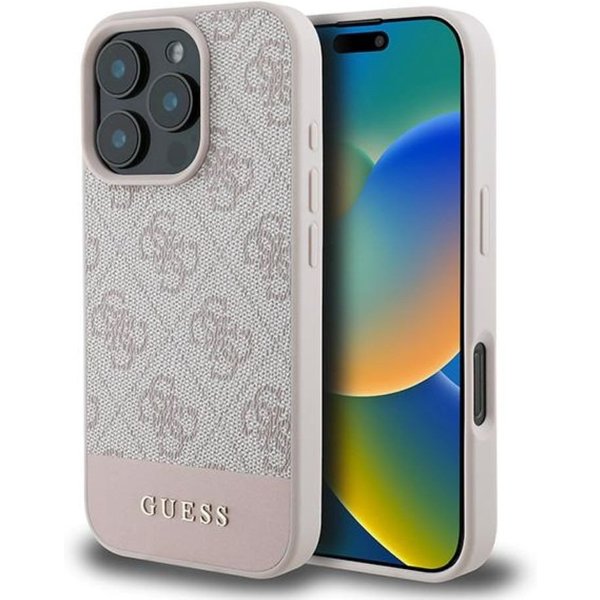 Guess Handyhülle iPhone 16 Pro Max Kunstleder rosa Muster mit goldfarbigen Logo 6,9 Zoll, Kantenschutz