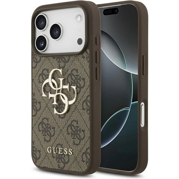 Guess Handyhülle iPhone 17 Pro Kunstleder braun Big Logo Metall goldfarben 6,3 Zoll, Kantenschutz