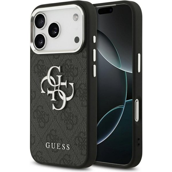 Guess Handyhülle iPhone 17 Pro Kunstleder grau Big Logo Metall silber 6,3 Zoll, Kantenschutz