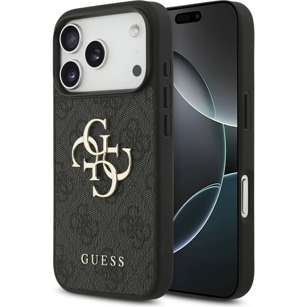 Guess Handyhülle iPhone 17 Pro Kunstleder grau Big Logo Metall goldfarben 6,3 Zoll, Kantenschutz