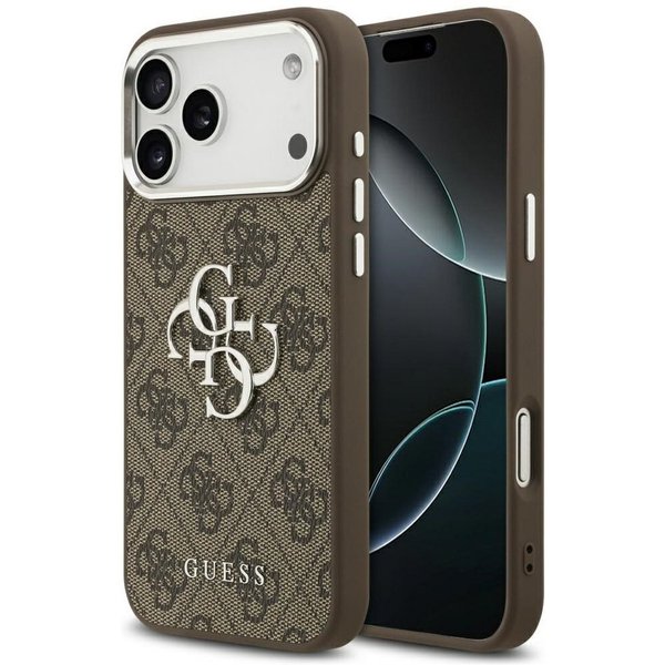 Guess Handyhülle iPhone 17 Pro Max Kunstleder braun Big Logo Metall silber 6,9 Zoll, Kantenschutz