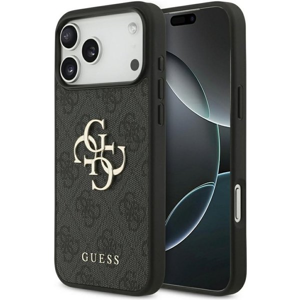 Guess Handyhülle iPhone 17 Pro Max Kunstleder grau Big Logo Metall goldfarben 6,9 Zoll, Kantenschutz