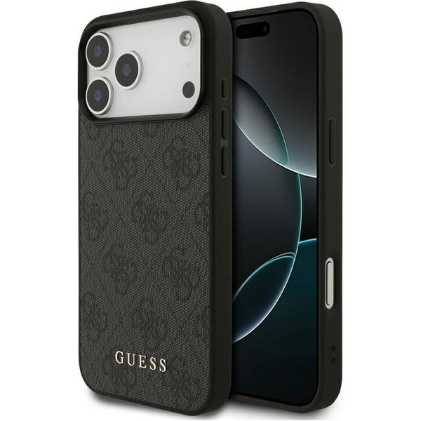 Guess Handyhülle iPhone 17 Pro Max Kunstleder grau Classic Logo goldfarben Metall 6,9 Zoll, Kantenschutz