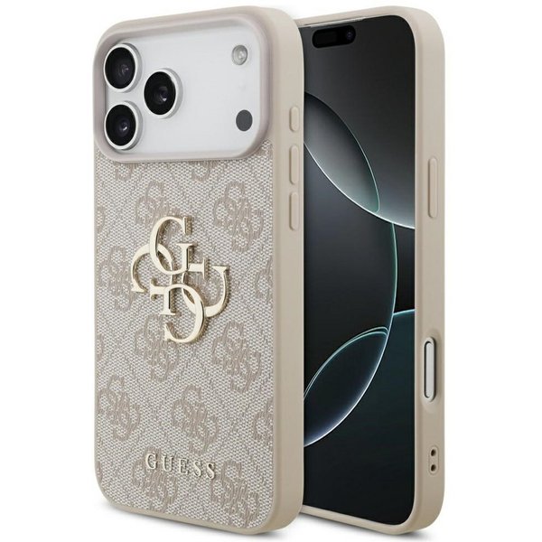 Guess Handyhülle iPhone 17 Pro Max Kunstleder rosa Big Logo Metall goldfarben 6,9 Zoll, Kantenschutz