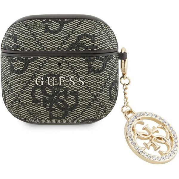Guess Kopfhörer-Schutzhülle Case AirPods 4 Kunstleder braun Logo Metal Kette Strass goldfarbig, Kantenschutz