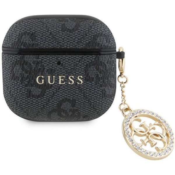 Guess Kopfhörer-Schutzhülle Case AirPods 4 Kunstleder grau Logo Metal Kette Strass goldfarbig, Kantenschutz