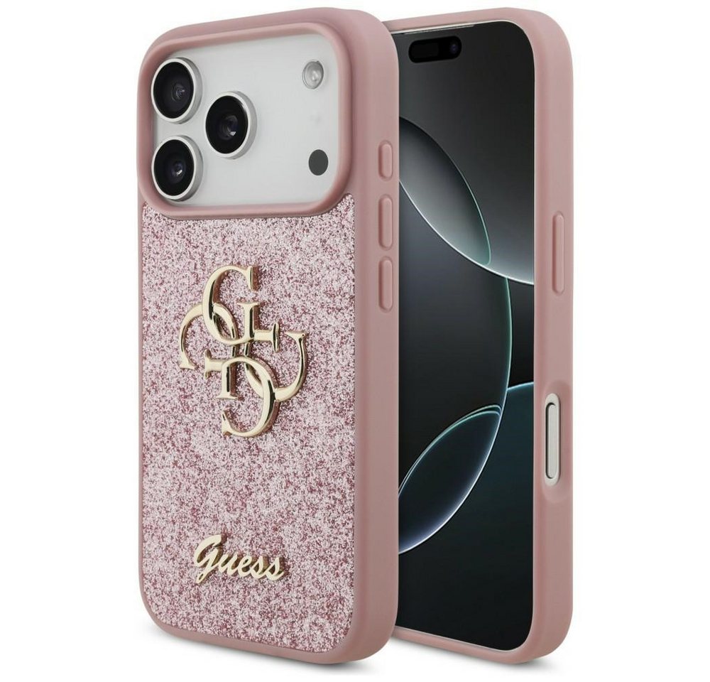 Guess Smartphone-Hülle Fixed Glitter Big 4G kompatibel mit iPhone 18 Pro, 17 Pro Rosa 6,3 Zoll, Glitzernde Rückseite mit großem Metalllogo – Bild 2 von 5