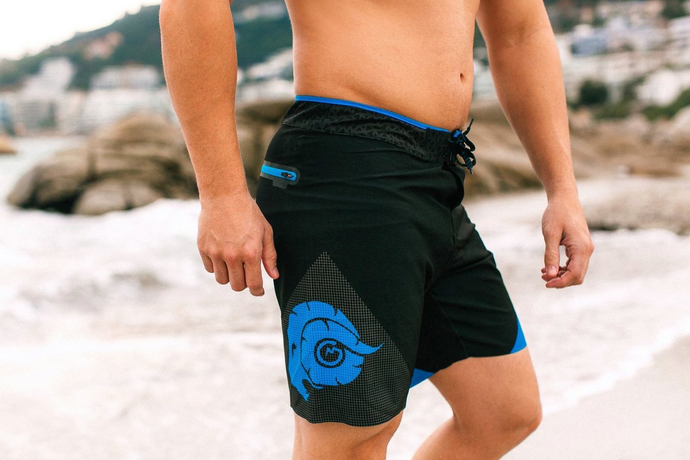 GUGGEN Mountain Badehose Badehose Herren Nahtloser Reißverschlusstasche Surfshorts Badeshorts Beachshorts Männer mit karierten Muster Schwarz Blau – Bild 3 von 5