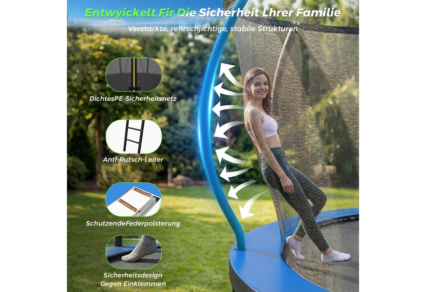 GUNJI Gartentrampolin Basketballkorb-Trampolin, Durchmesser 228/305 cm, Kindertrampolin, Ø 228 cm, (Enthält Leiter, Sicherheitsnetz, Schuhnetz, 360°-Schutzgitte – Bild 5 von 5