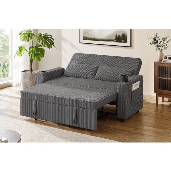 GUNJI Schlafsofa 2-Sitzer Ausziehbar Sofa,Modernes Edler Cord-Stoff, mit Unterbett,Getränkehalter,seitlicher Tasche und 2 Kissen