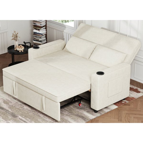 GUNJI Sofa Mit Bettfunktion, mit ausziehbarer sofas wohnzimmer, Hochwertiges Cordsofa mit zwei integrierten Getränkehaltern, ausziehbarem Doppelschlafsofa mit f