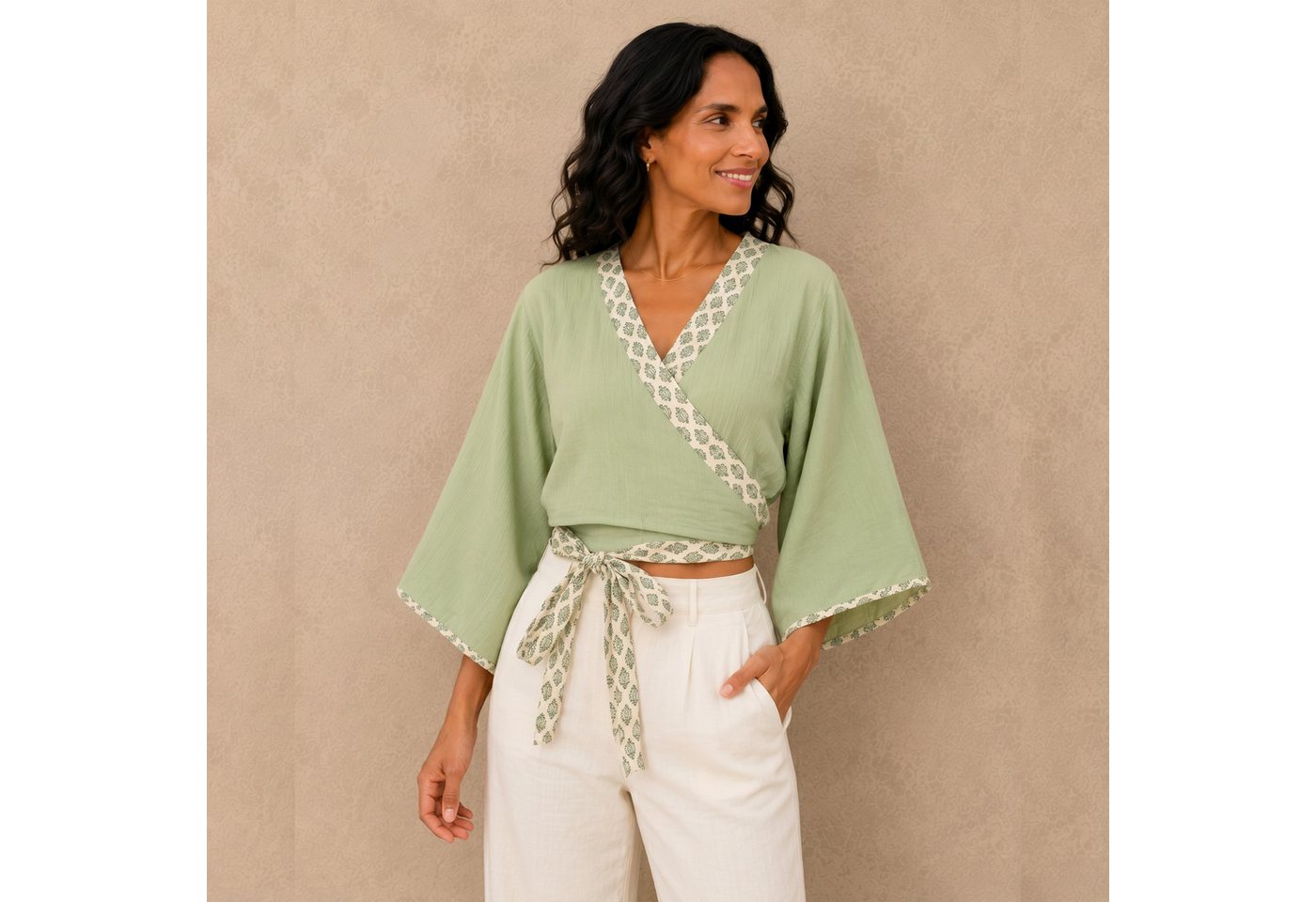 Guru-Shop Longbluse Kurztop, Boho Blusentop, Musselin Wickeltop,.. alternative Bekleidung – Bild 2 von 5