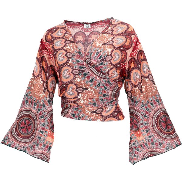 Guru-Shop Longbluse Kurztop, Boho Blusentop, Wickeltop, Wickelbluse.. alternative Bekleidung