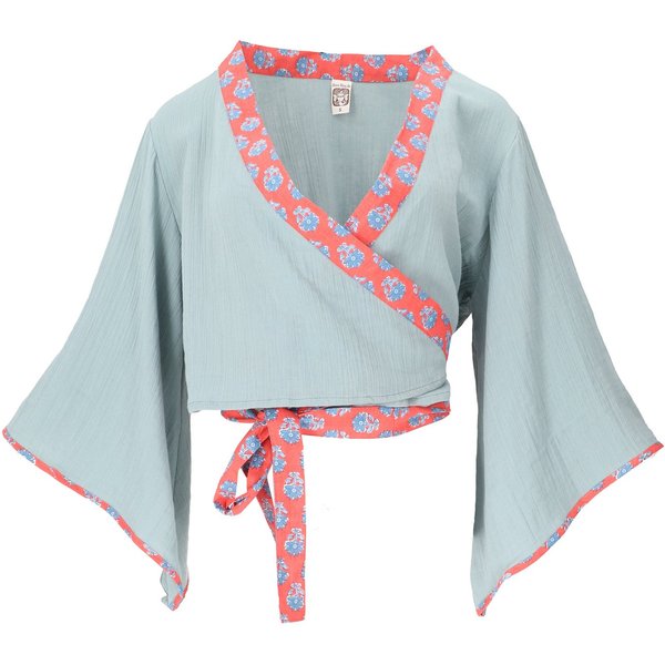 Guru-Shop Longbluse Kurztop, Boho Blusentop, Musselin Wickeltop,.. alternative Bekleidung