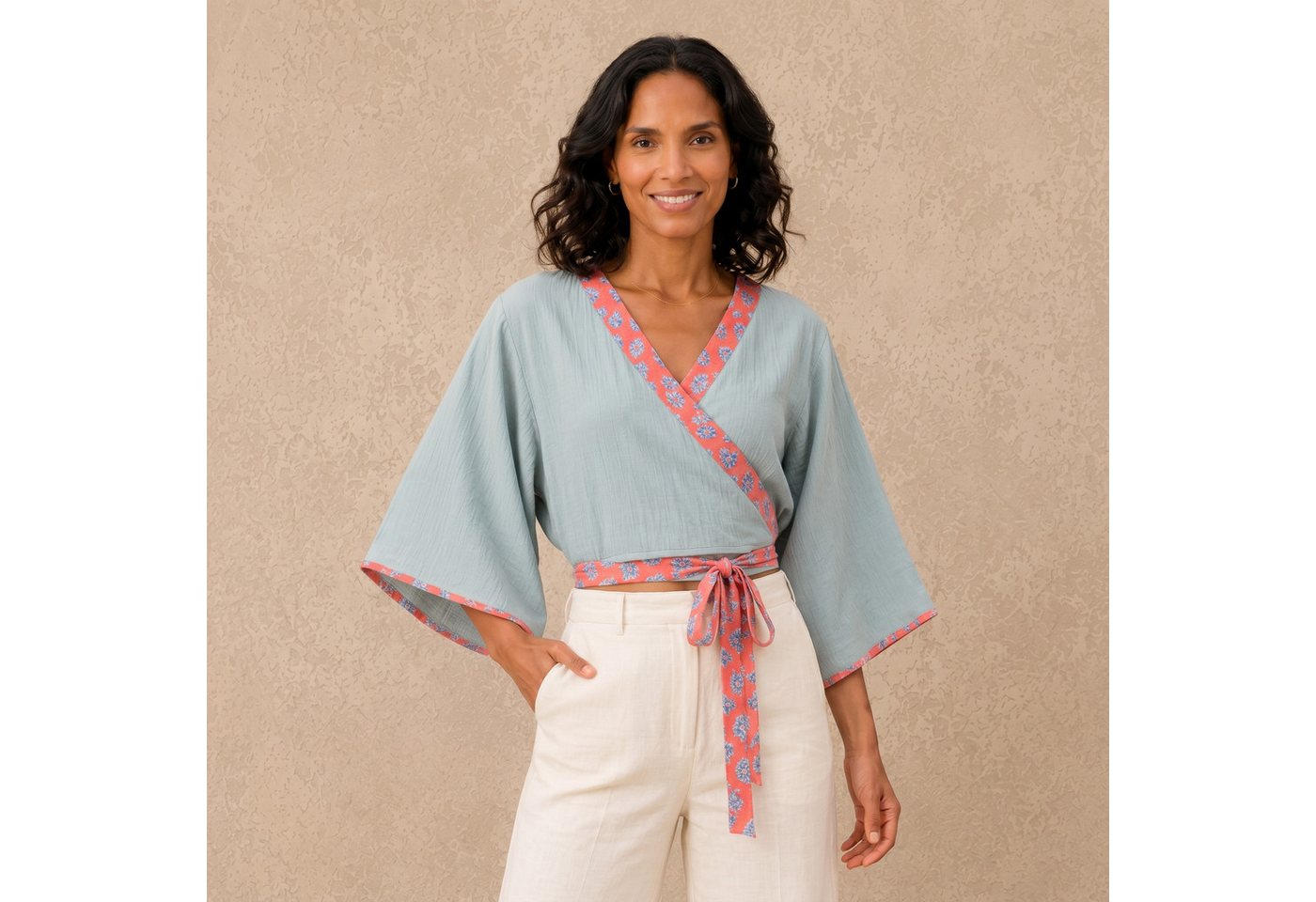 Guru-Shop Longbluse Kurztop, Boho Blusentop, Musselin Wickeltop,.. alternative Bekleidung – Bild 2 von 5