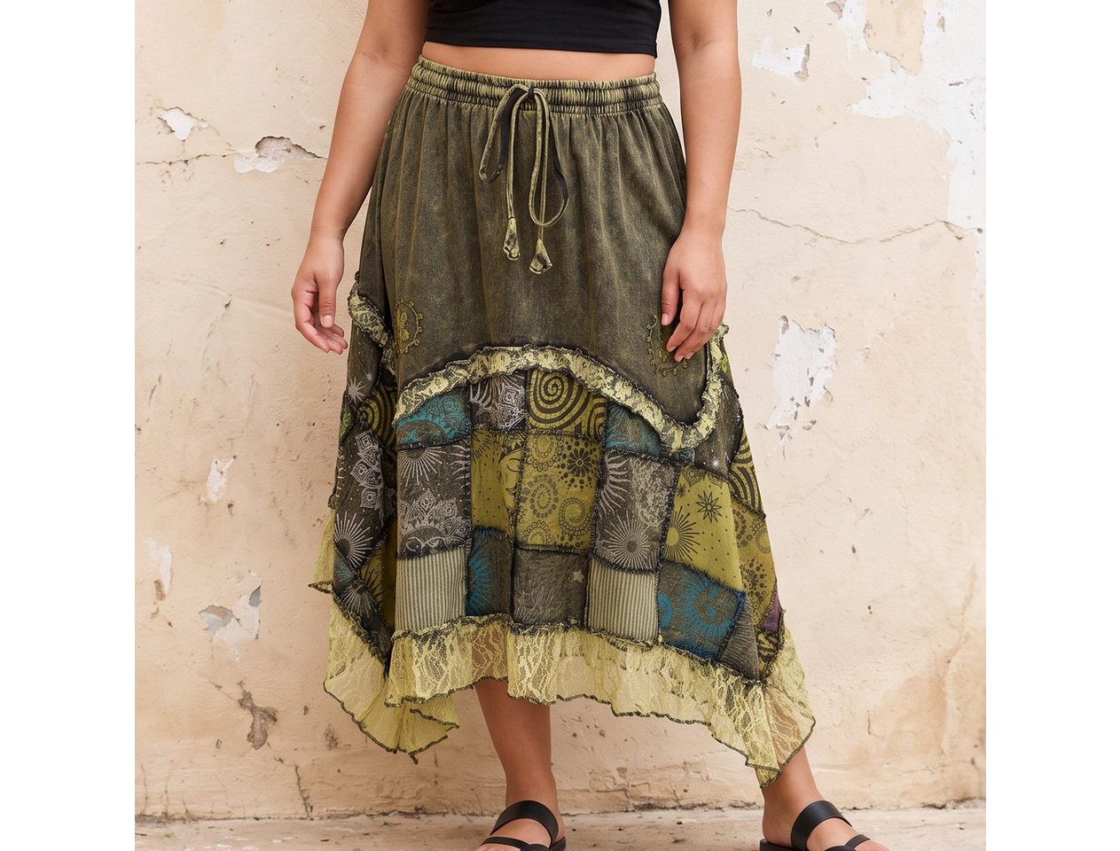 Guru-Shop Minirock Langer Boho stonewash Patchwork Zipfelrock.. alternative Bekleidung – Bild 2 von 5
