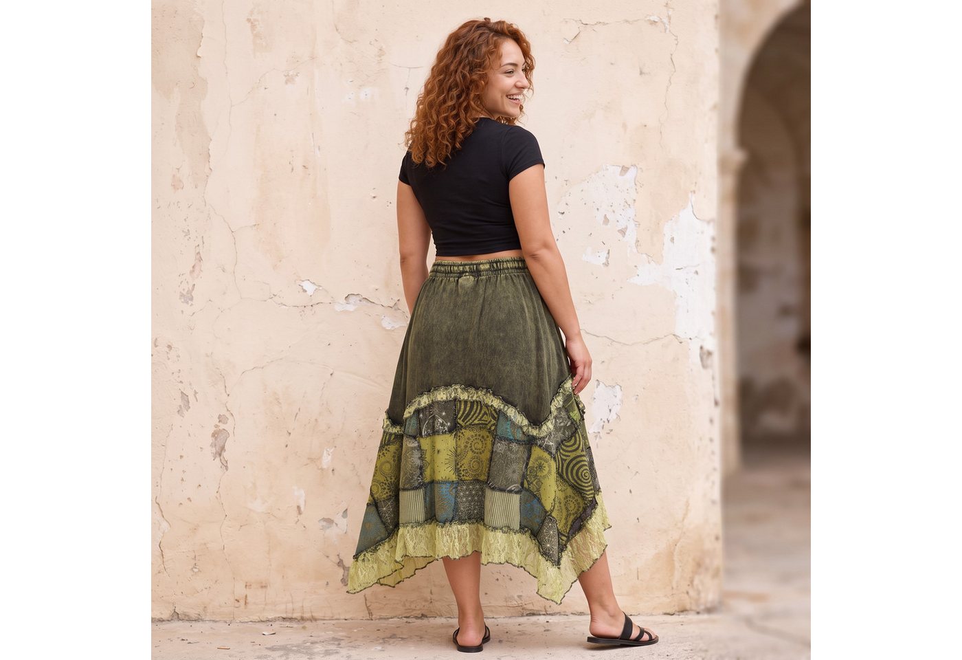 Guru-Shop Minirock Langer Boho stonewash Patchwork Zipfelrock.. alternative Bekleidung – Bild 5 von 5