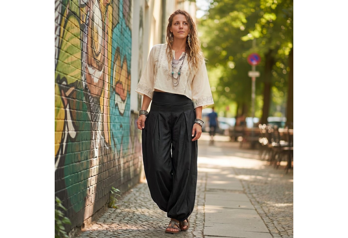 Guru-Shop Relaxhose Boho Pluderhose, Muckhose, Haremshose - schwarz Ethno Style, alternative Bekleidung – Bild 3 von 5