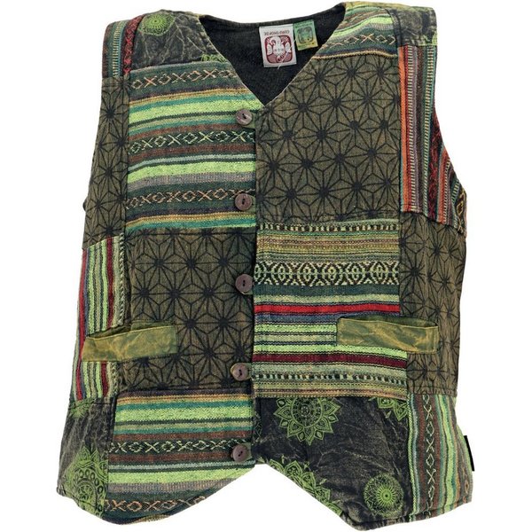 Guru-Shop Strickjacke Goaweste, Psytrance Patchwork Herren Weste - grün alternative Bekleidung