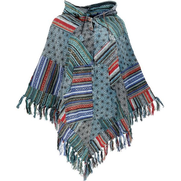 Guru-Shop Strickjacke Patchwork Poncho mit Kapuze und Fransen, Boho.. Ethno Style, alternative Bekleidung